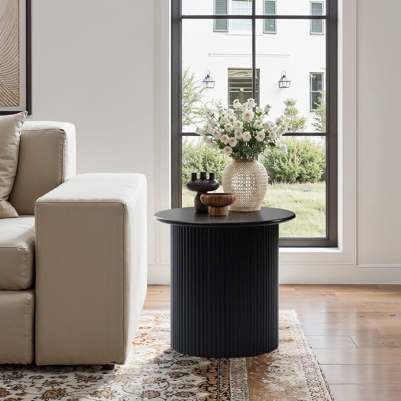 Compact Size Round Side Table with Black Fluted Fir & MDF Wood Accent - 15" H x 15.7" W x 15.7" D