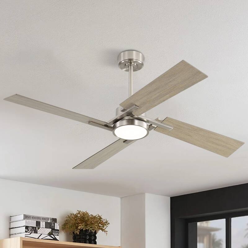 MLiAN 56 In./ 72 In. 4 Plywood Blades Indoor LED Light Ceiling Fan with Remote... - 72" - Nickel/Wood Grain