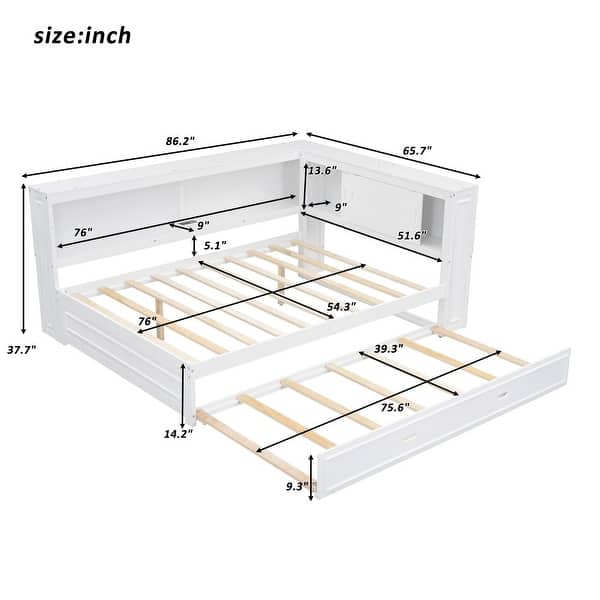 dimension image slide 0 of 2, Full Size Wood Daybed with Storage Shelves, USB, LED Lights, and Trundle