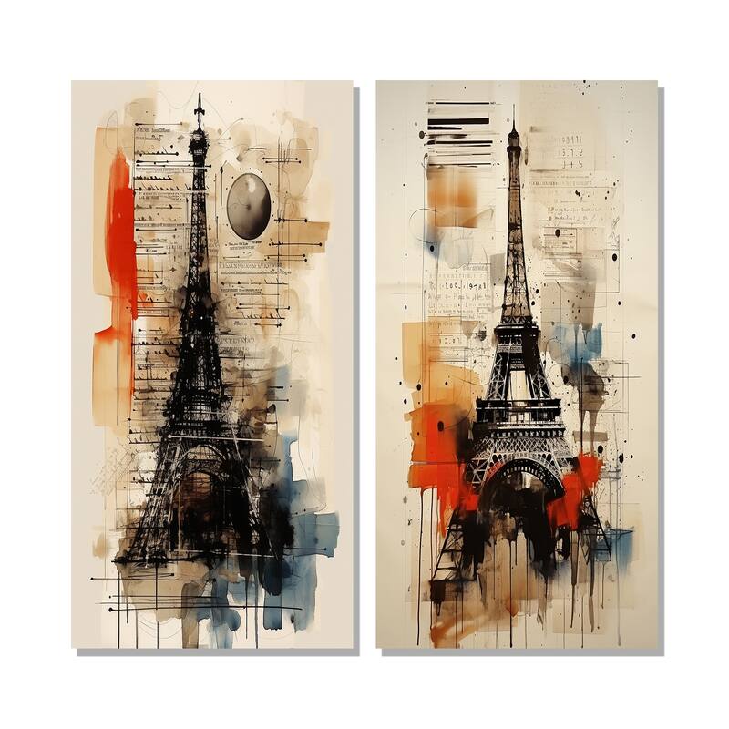 Designart "Paris Eiffel Tower Retro Illustration I" City Paris Wall Art Set of 2 - Traditional Wall Art For Bedroom