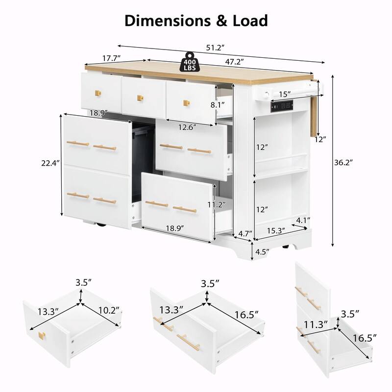 Kitchen Island with 6 Drawers, Pull-Out Trash Can Storage