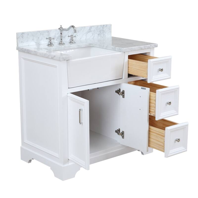 KitchenBathCollection Zelda 36" Farmhouse Bathroom Vanity with Carrara Marble Top