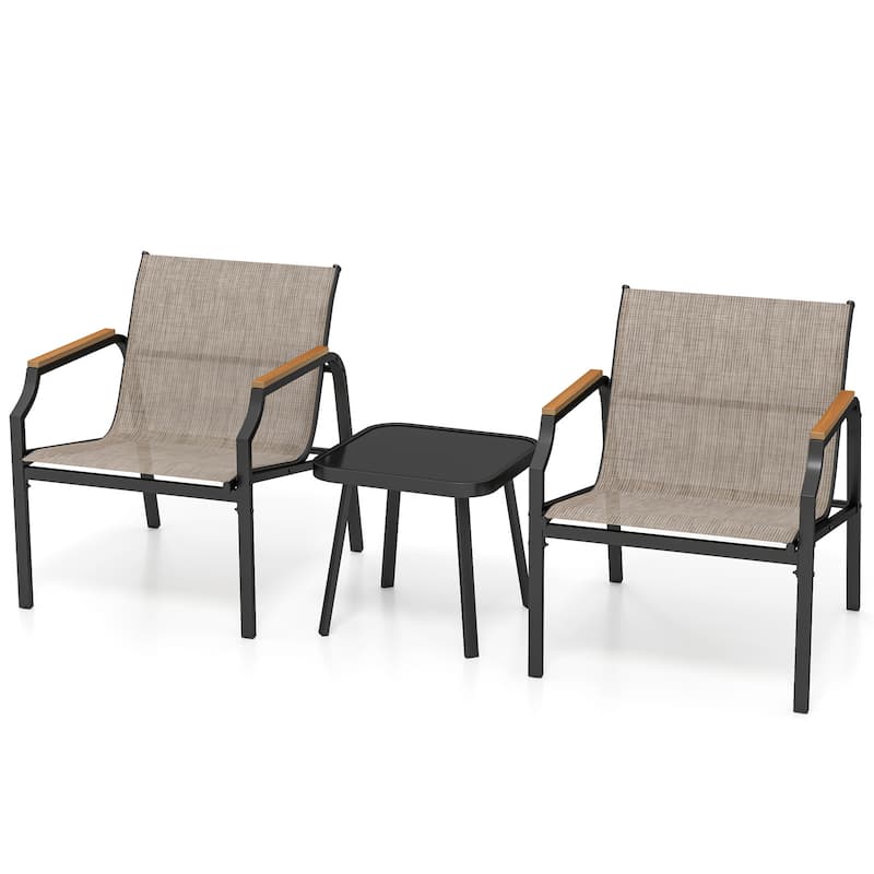 Outdoor 3-Piece Patio Set with Comfy Fabric Chairs and Glass Table for Porch or Balcony - 28" x 24" x 30"
