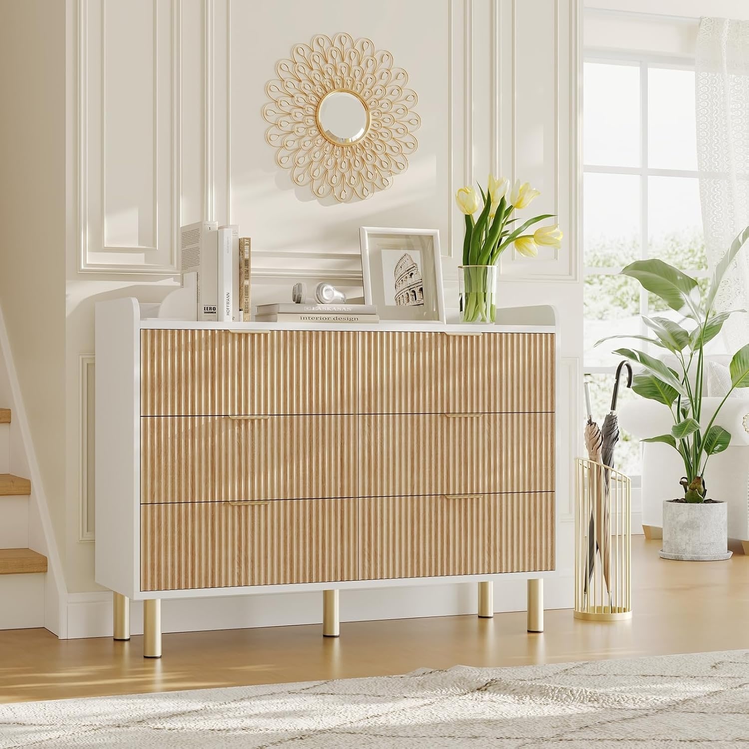 47.2" Fluted Wood Double Dresser, Wide Storage Cabinet for Bedroom Entryway