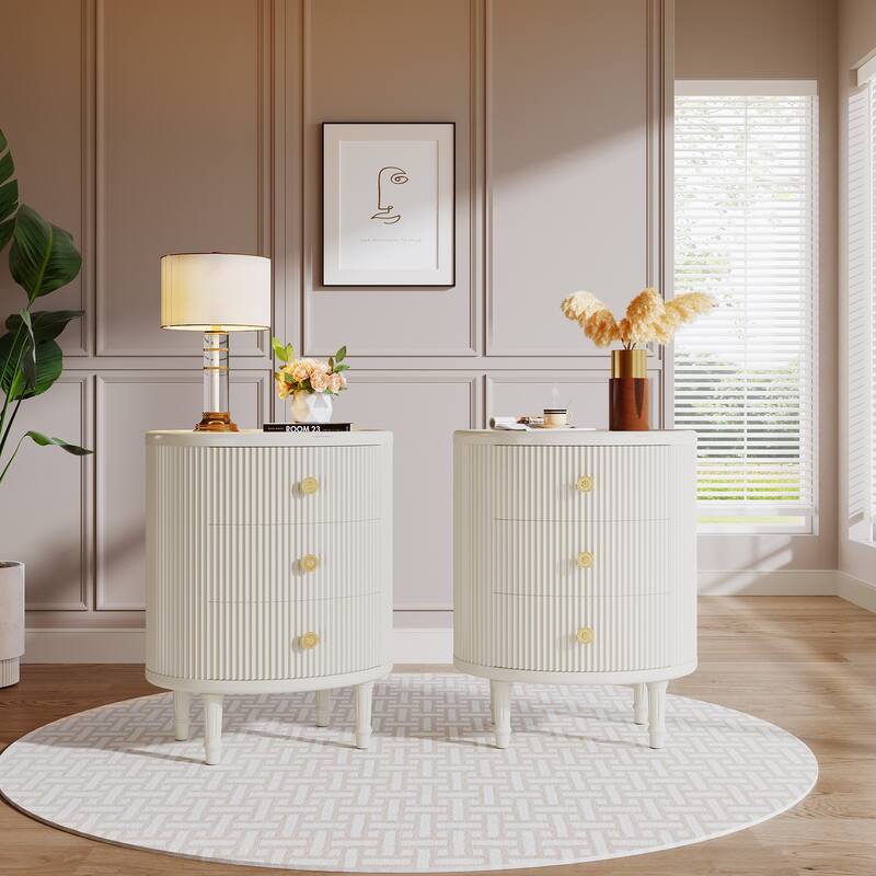 Side Table with 3 Drawers, No Assembly Required Oval End Table with Storage, White