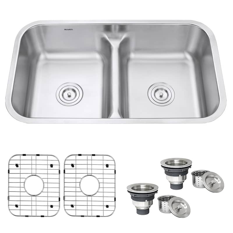 Ruvati 32-inch Low-Divide 50/50 Double Bowl Undermount 16 Gauge Stainless Steel Kitchen Sink - RVM4350 - 32-1/4″ x 18-7/8″