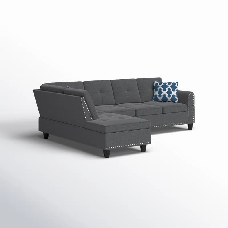 Modern Built-in Cup-holders Console Linen Sectional Sofa with 2 Pillows
