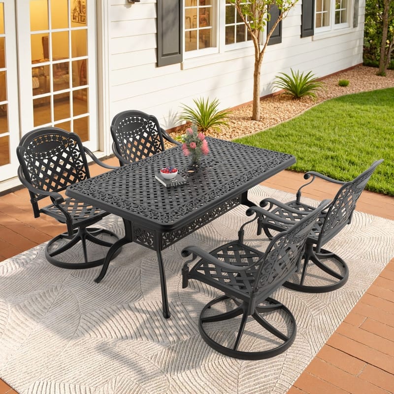 5-Piece Aluminum Rectangular Outdoor Patio Dining Set, 4 Cushioned Swivel Chairs, Table, All-Weather Frames