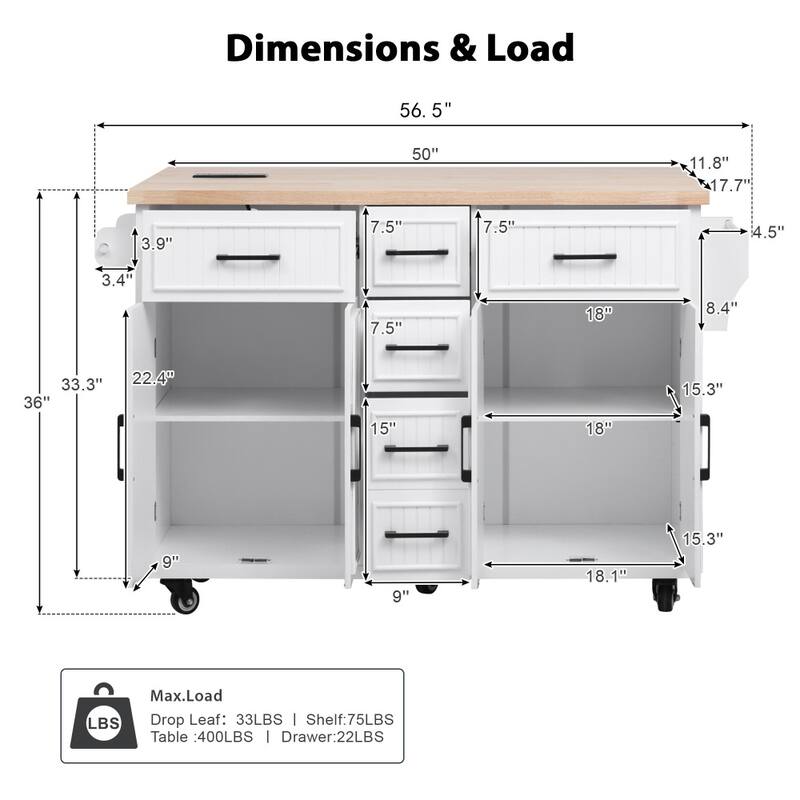 56.5'' Kitchen Island with Drop Leaf, Power Outlet, Embossed Vertical Stripe and Adjustable Shelves