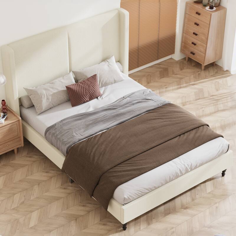 GDFStudio - Jinie 55.5" High Back Upholstered Headboard Bed Frame with Slat Support and Wooden Feet