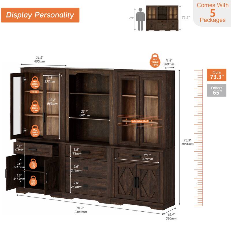 3-Column 73.3" Tall Bookshelf Set with Open Storage and Glass Doors