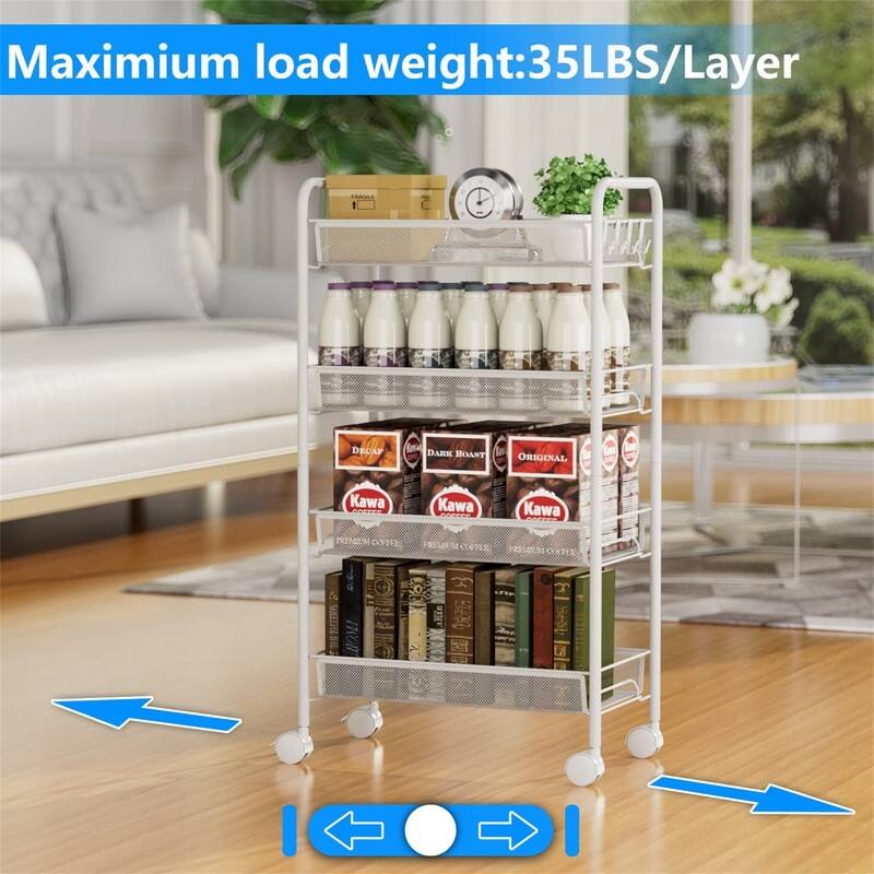 4 Tier Mesh Wire Rolling Cart - 10.2"D x 17.7"W x 33.1"H
