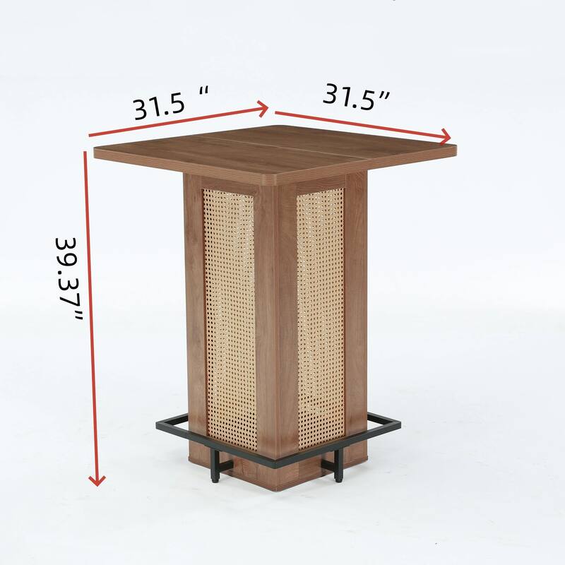 31.5" Square Rattan Bar Height Table With Industrial Metal Footrest