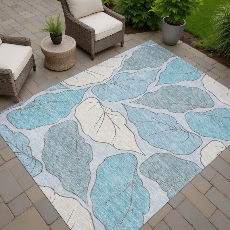 Machine Washable Indoor/ Outdoor Contemporary Floral Chantille Rug - Teal - 10' x 14'