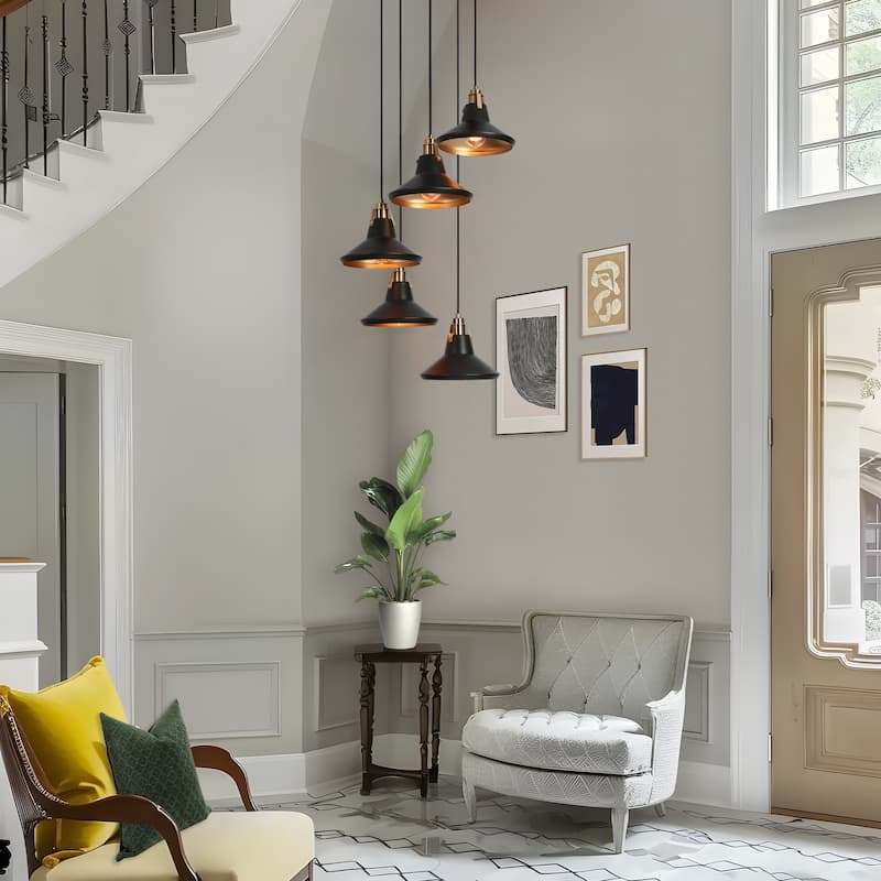 Modern Farmhouse 5-Light Black Brass Metal Chandelier with Bowl-Shaped Pendant Lights for Kitchen Dining Room - 20" D x 7" H