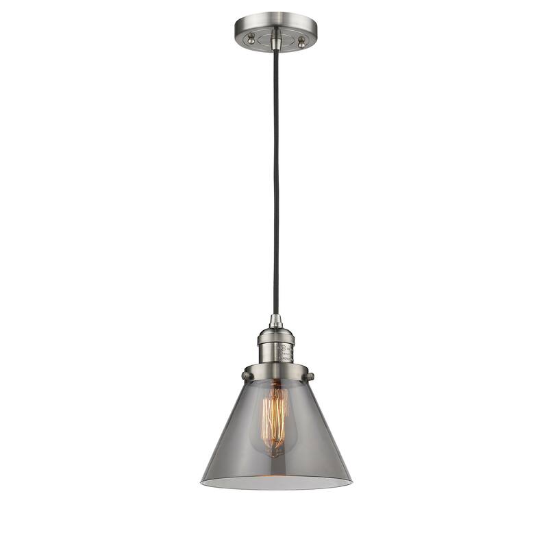 Innovations Lighting Franklin Restoration Cone - 1 Light 8" Cord Hung Mini Pendant - Brushed Satin Nickel/Light Smoke