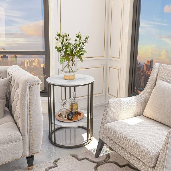 Modern 2-Tier Round White Sintered Stone End Table with Black Metal ...