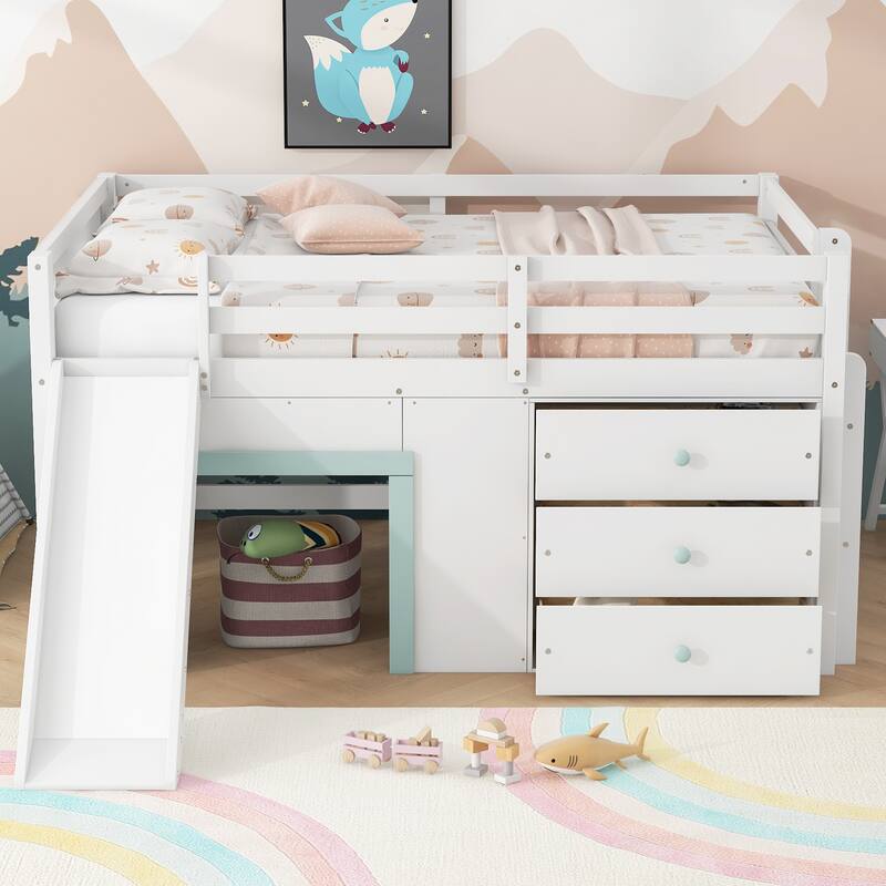 Full Size Low Loft Bed with Slide, Three Drawers, Two Doors, White
