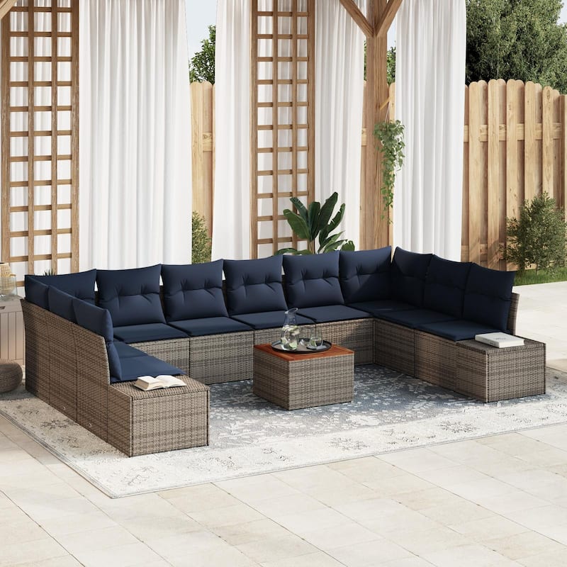 vidaXL 11 Garden Sofa Set with Cushions Black/Grey Poly Rattan - 135.4 x 82.3 x 27.2 - Grey