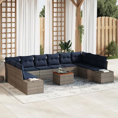 vidaXL 11 Garden Sofa Set with Cushions Black/Grey Poly Rattan - 135.4 x 82.3 x 27.2