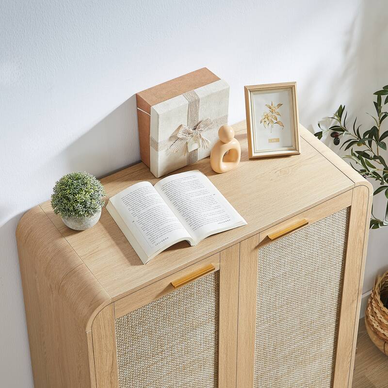 Rattan Shoe Cabinet with Doors & Open Bottom Shelf, Shoe Storage Cabinet with Adjustable Shelves, Wooden Shoes Rack Organizer