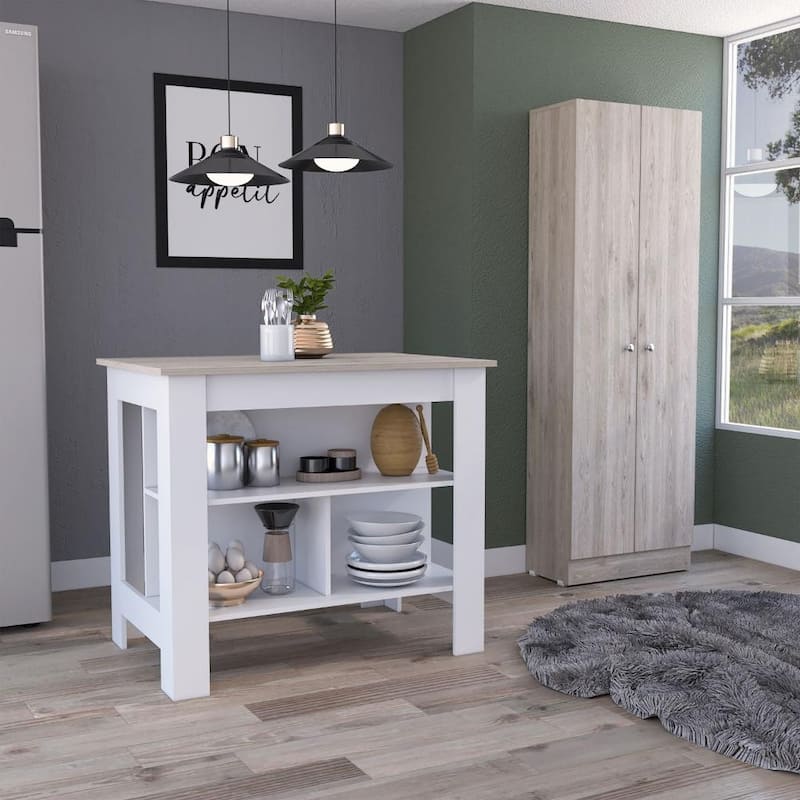 Roblar 8-Shelf 2-Door 2-piece Kitchen Set, Kitchen Island and Pantry Cabinet White and Light Gray - White
