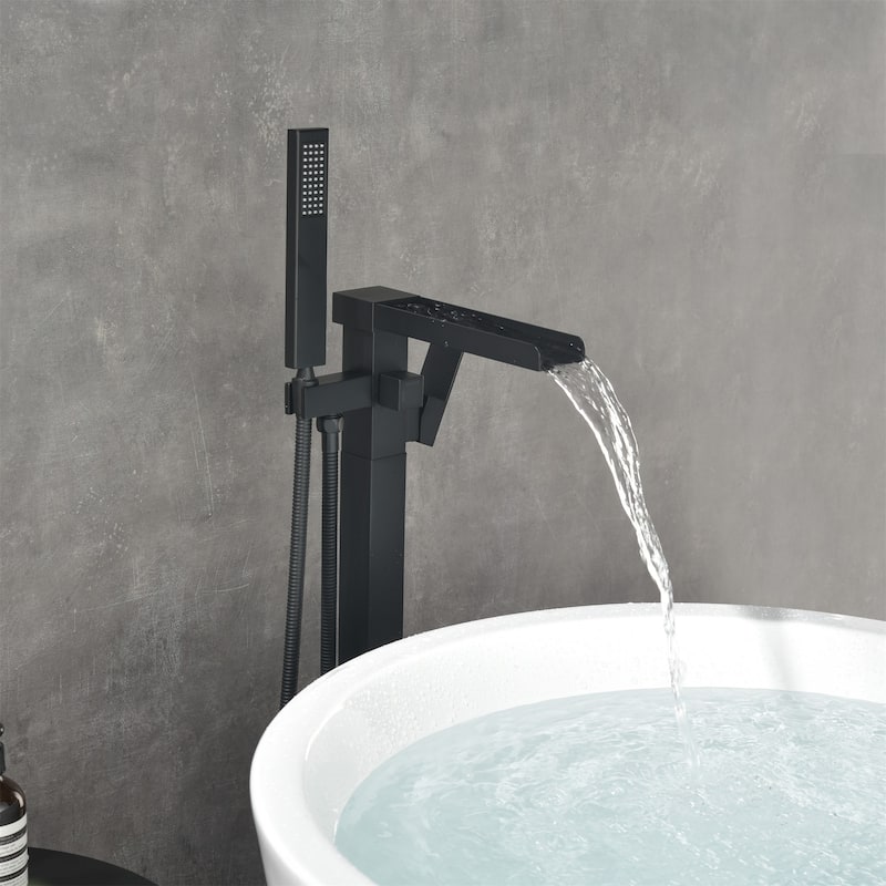 Freestanding Tub Faucet With Hand Shower Waterfall Tub Filler Floor Mount Bathtub Faucet With Handheld Shower