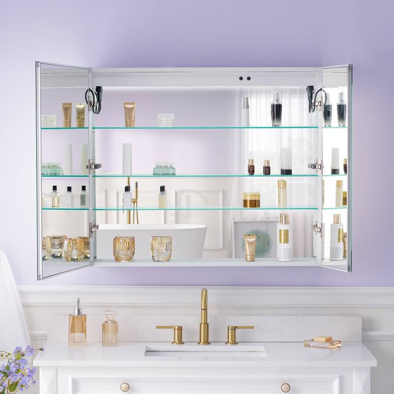 Recessed or Surface 30" H LED Mirror Cabinet with Adjustable Glass Shelves,Defogger, Dimmer And Outlets & USB Ports