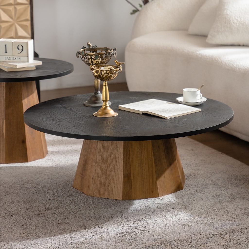 GDFStudio - Modern Round Wooden Coffee Table with Pedestal Base and Tree Bark Pattern Top