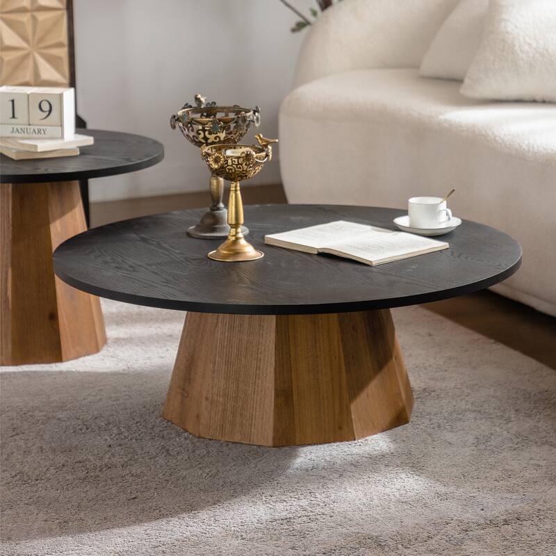 Round Coffee Table Sturdy Pedestal Wooden Tea Table for Living Room Easy to Assemble - Black,Wood