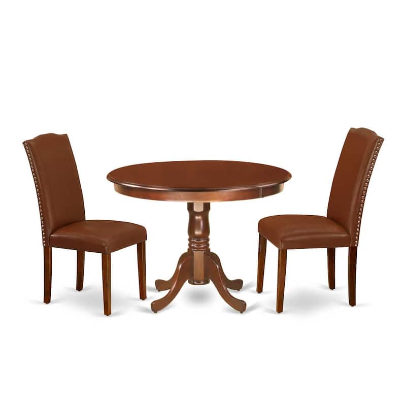 Dining Room Table Set 3pc 42 Inch Round Table w/ 2 Parsons Chairs - Brown Faux Leather