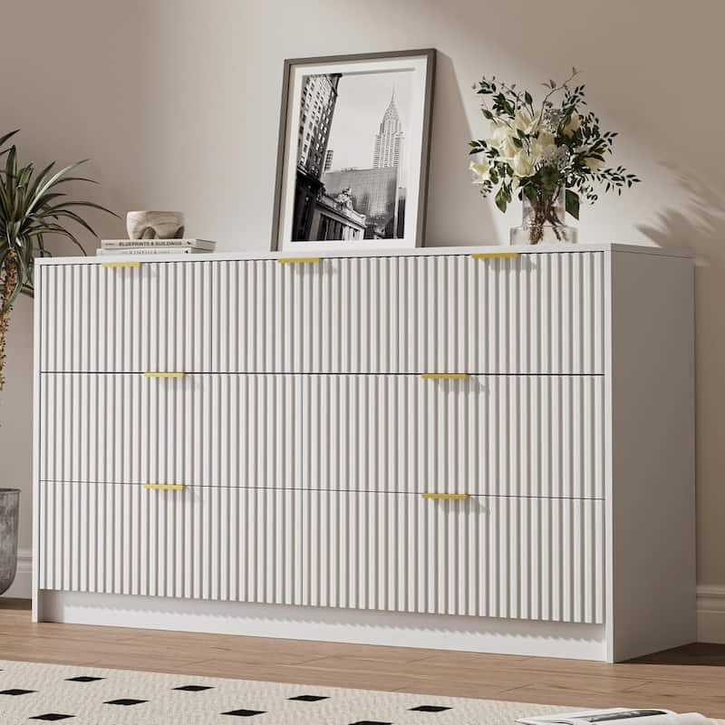 7 Drawer Dresser Fluted Wood Clothes Storage Cabinet, Modern Wide Dresser for Bedroom - White
