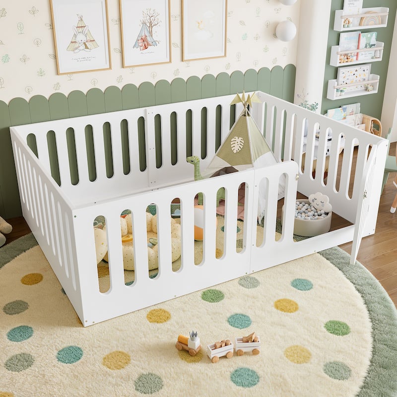 Full Size Floor Bed with High Fence for Kids, Solid Wood Kids Montessori Bed with Door, No Box Spring Needed Design