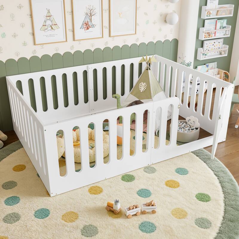Toddlers Montessori Floor Bed with High Fence, Door, Low Profile Platform Bed Frame for Kids with No Box Spring Needed, No Slats - White - Full