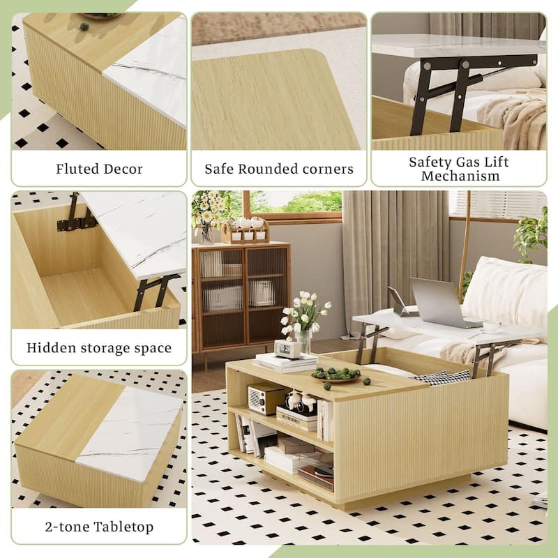 31.5" Fluted Lift Top Coffee Table with Storage, Boho Lift-Top Center Table with Hidden Compartment for Small Space
