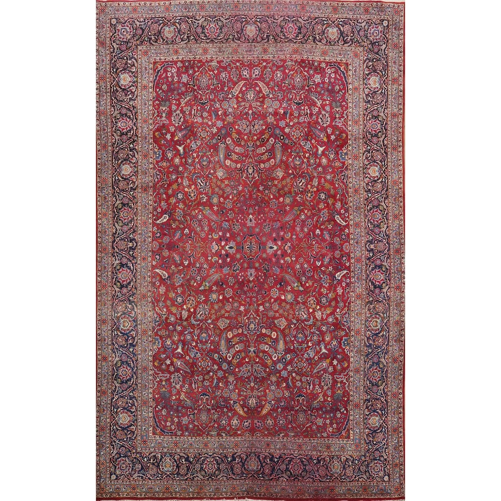 Hand Knotted Oriental 100% Wool Carpet Traditional Floral Red Kashan Area Rug - 13' 4'' X 8' 10''