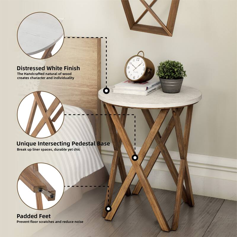 COZAYH Pedestal Farmhouse End Table, Distressed White Top with Base for Modern Farmhouse, Boho Decor, Round