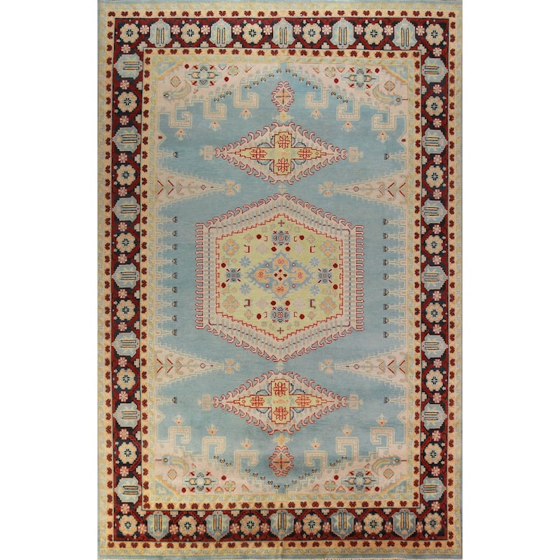 Light Blue Geometric Viss Oriental Large Rug Handmade Wool Carpet - 9'9" x 13'9"