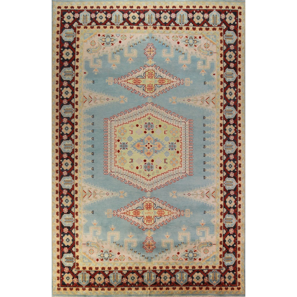 Light Blue Geometric Viss Oriental Large Rug Handmade Wool Carpet - 9'9" x 13'9"