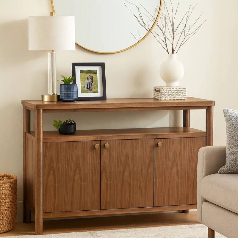 Billie Sideboard Buffet Cabinet, 3 Doors 1 Shelf, Brown Wood, 52 Inch