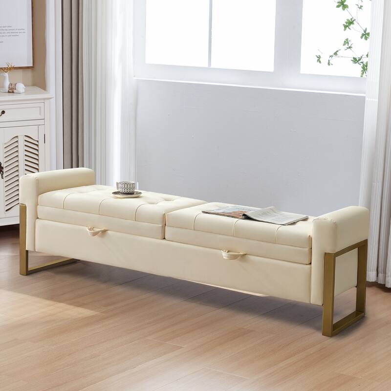 66" Storage Bench for Bedroom End of Bed with Double Lids and Gold Legs