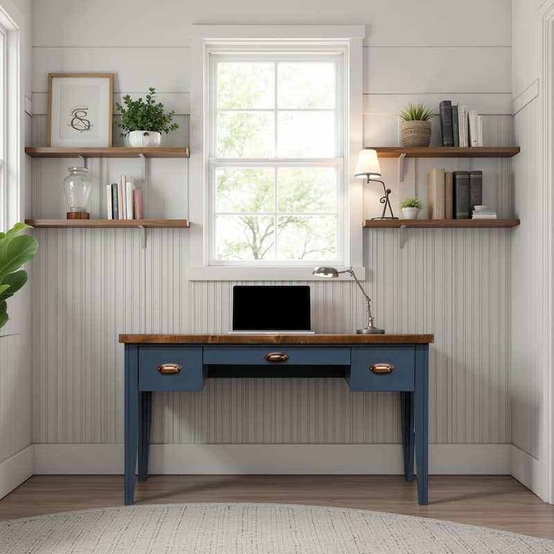 Bridgevine Home Nantucket 53 inch Writing Desk, No Assembly Required, Blue Denim and Whiskey Finish - Blue Denim and Whiskey
