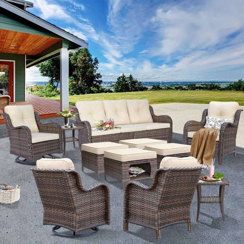 Outdoor Patio Furniture Set Brown Wicker Patio Conversation Seating Sets - 11 Piece