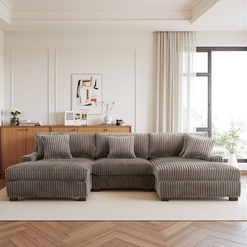 114.5" W Upholstered Sectional Modular Sofa with 2 Ottomans - Light Brown