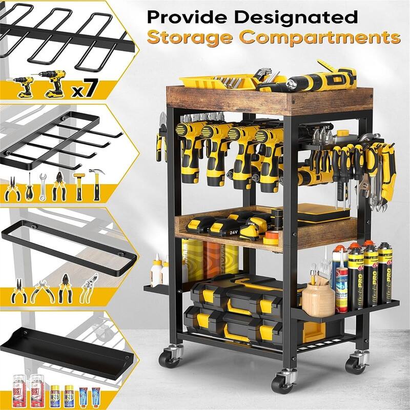 4 Tier Rolling Cart Stackable Fruit Vegetable Basket with Wheels and 2 Hanging Basket - 11.75"D x 15.75"W x 33"H