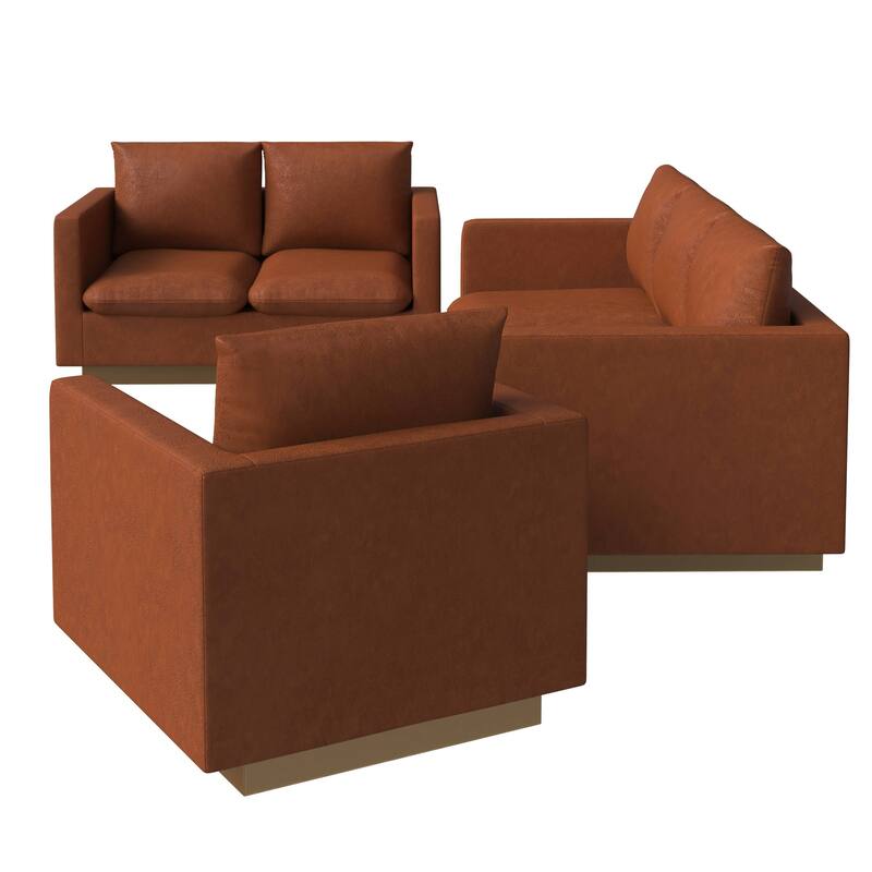 3-Piece Executive Leather Sofa Set with Brushed Gold Stainless Steel Base