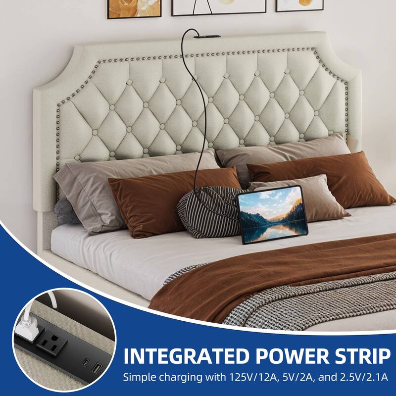 Moasis Velvet/Linen Upholstered Bedframe with Adjustable Headboard and 4 Storage Drawers