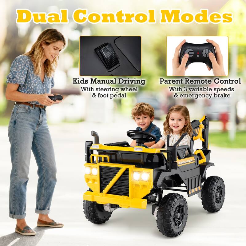 2-Seater Kids Ride-On Excavator Truck with Remote Control LED Lights, Music and Safe Design - 62" x 30.5" x 30.5" (L x W x H)