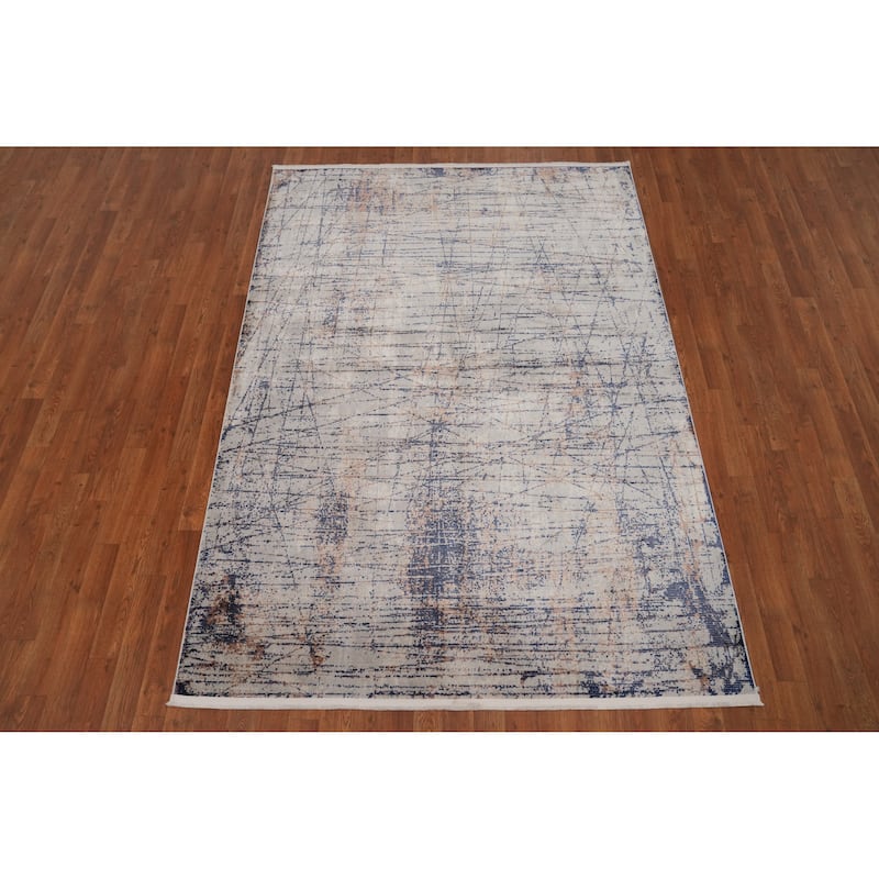 Machine Made Oriental Polyester Carpet Modern Greys & Charcoal Distressed Area Rug - 7' 5'' X 5' 2''