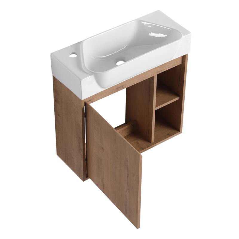 24'' Wall-Mounted Bathroom Vanity with White Ceramic Sink & Soft-Close Door, KD-Packing